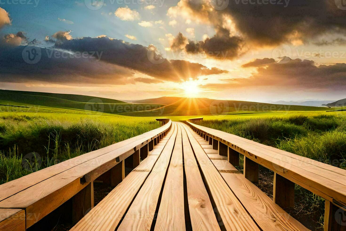 the sun rises over the wooden bridge. AI-Generated photo