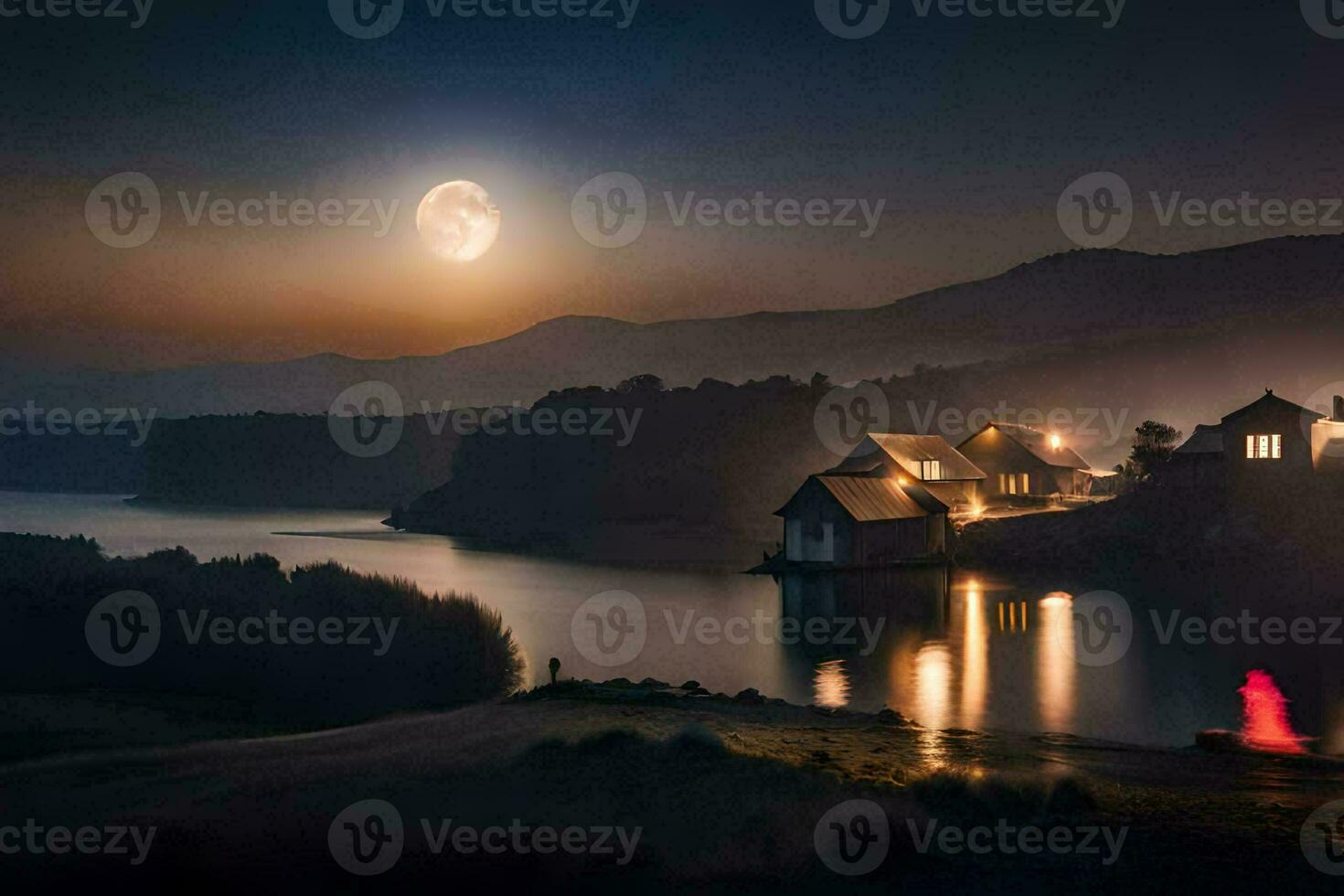 un lleno Luna brilla terminado un lago y casas generado por ai foto