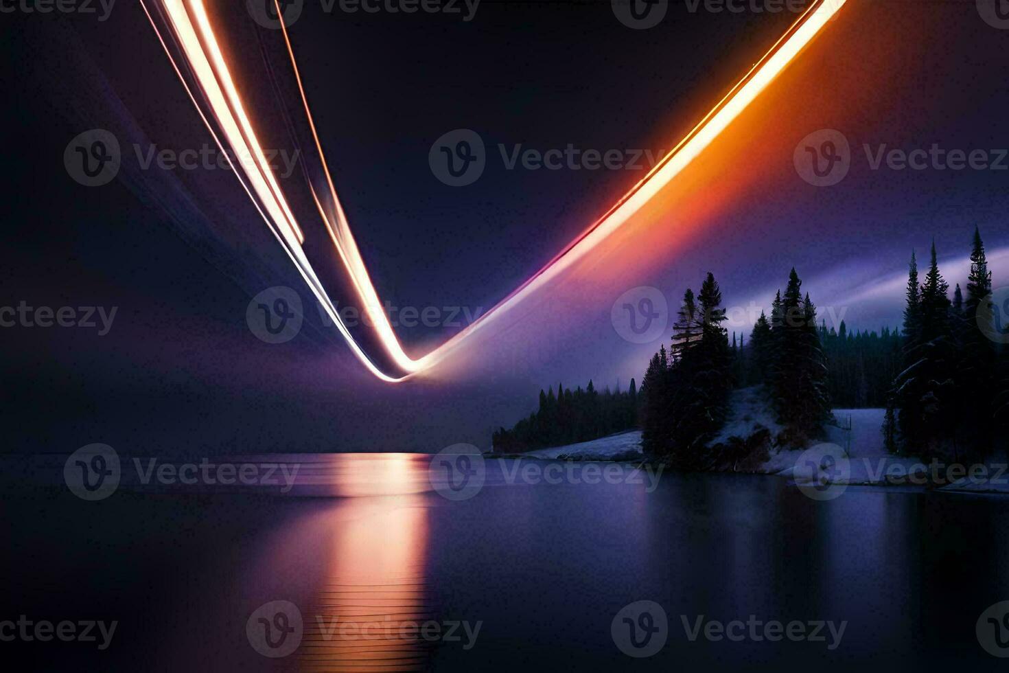 a long exposure photograph of a plane flying over a lake. AI-Generated photo