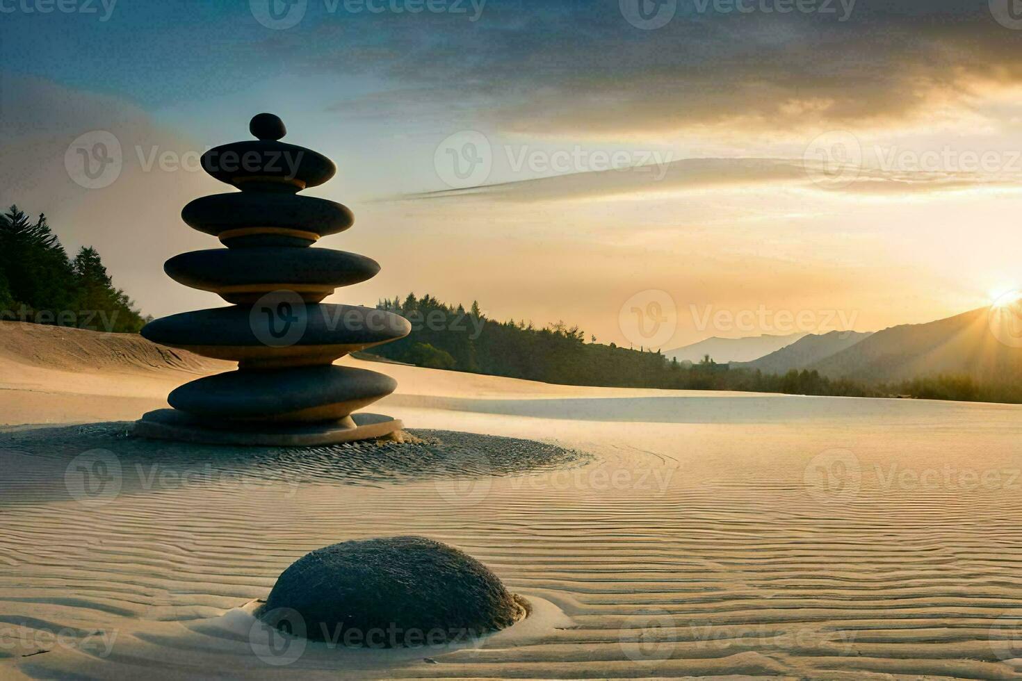 a stack of rocks in the sand at sunset. AI-Generated photo