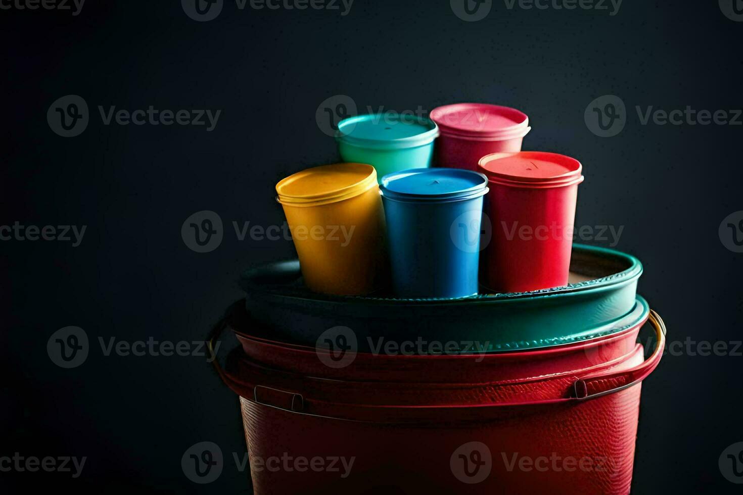 a bucket of colorful plastic cups on a black background. AI-Generated photo