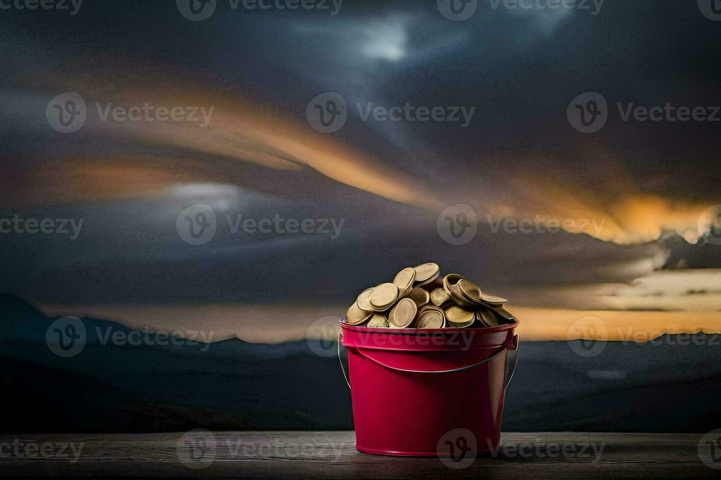 a bucket of gold coins on a table with a stormy sky. AI-Generated photo