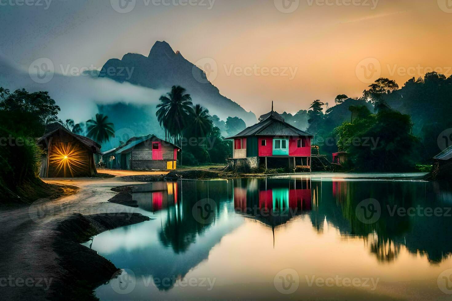 a village at sunset with mountains in the background. AI-Generated photo