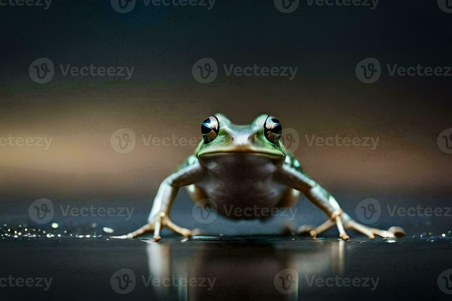 a frog is sitting on the ground with its legs spread. AI-Generated photo