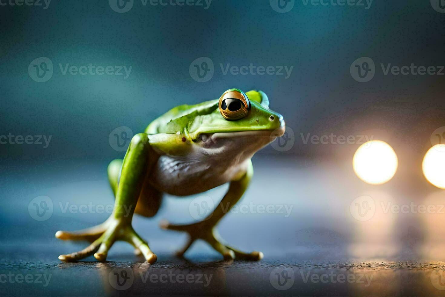 a frog is standing on a table with a lit candle in the background. AI-Generated photo