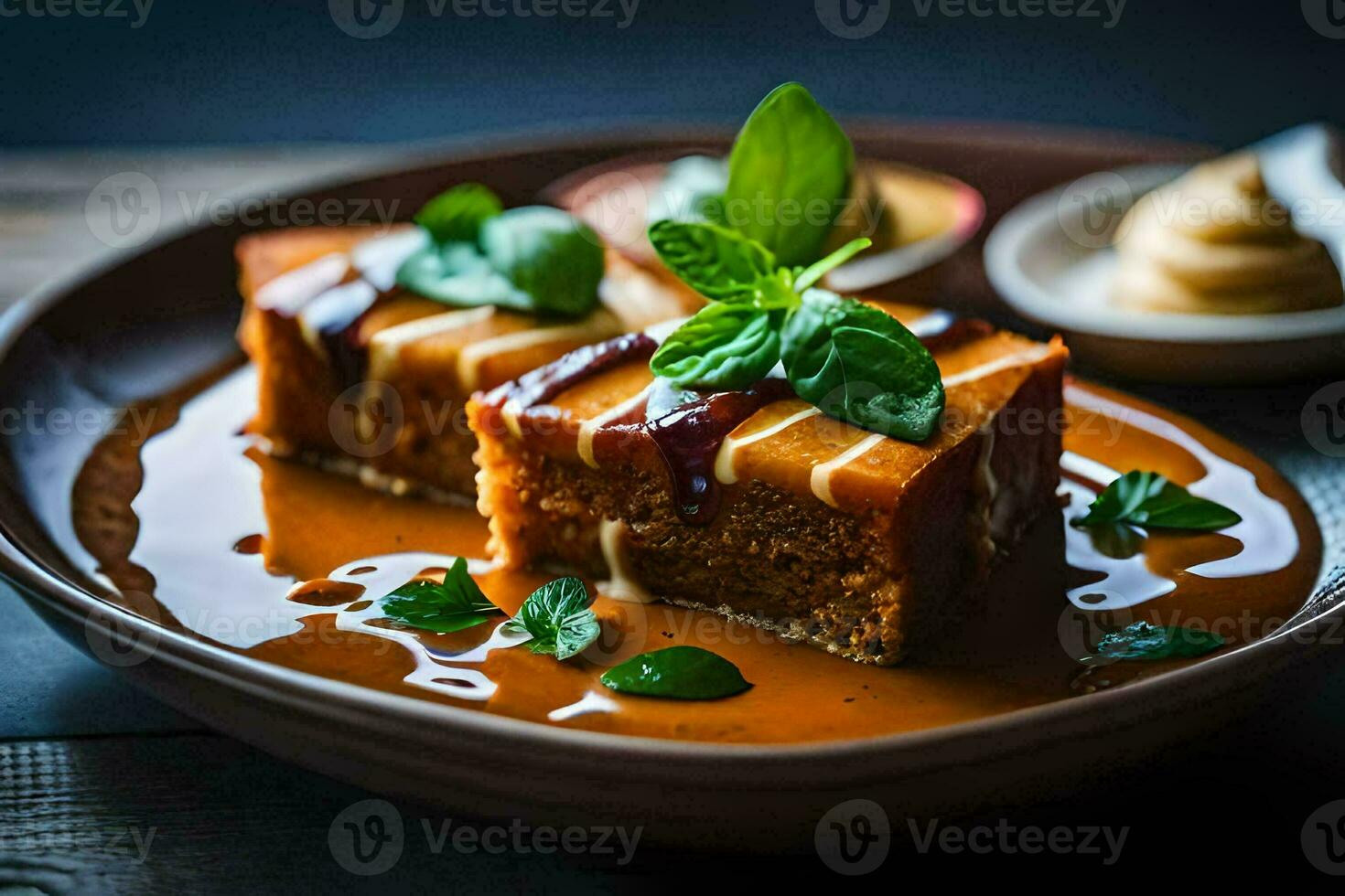 a plate with a piece of cake and sauce. AI-Generated photo
