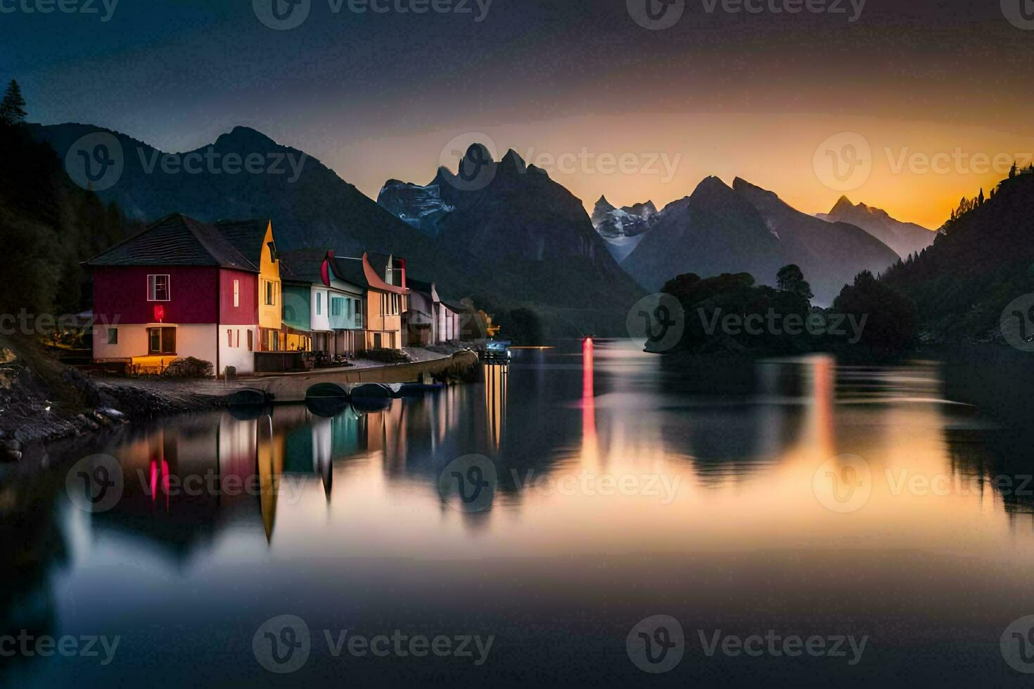 vistoso casas en el apuntalar de un lago a puesta de sol. generado por ai foto