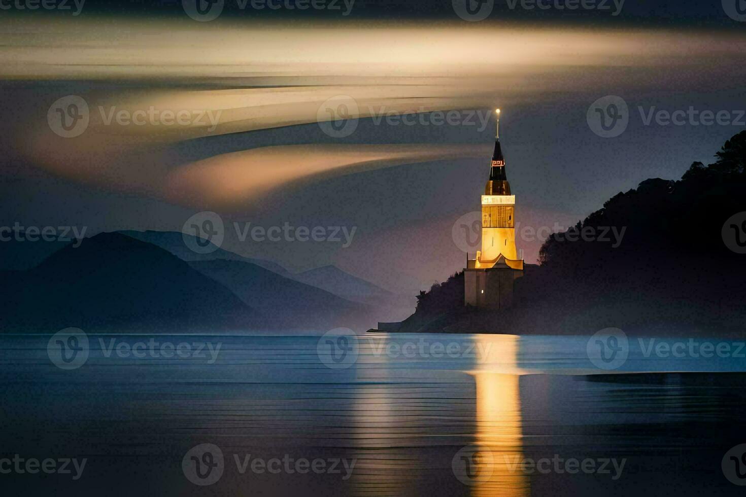 a church tower is lit up at night in the middle of a lake. AI-Generated photo