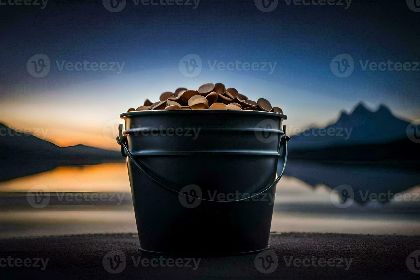 a bucket full of coins sitting on the ground. AI-Generated photo