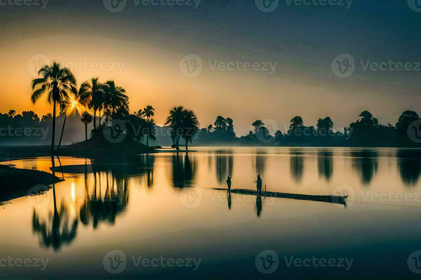 a man is rowing a canoe on a lake at sunrise. AI-Generated photo