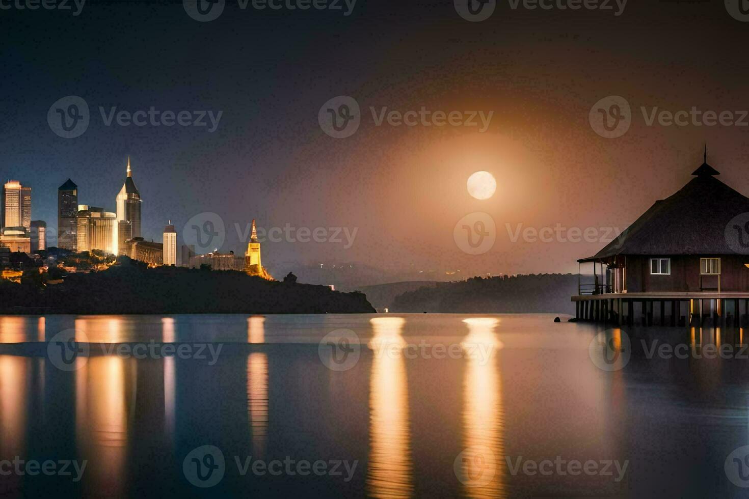 a house on the water with a moon in the sky. AI-Generated photo