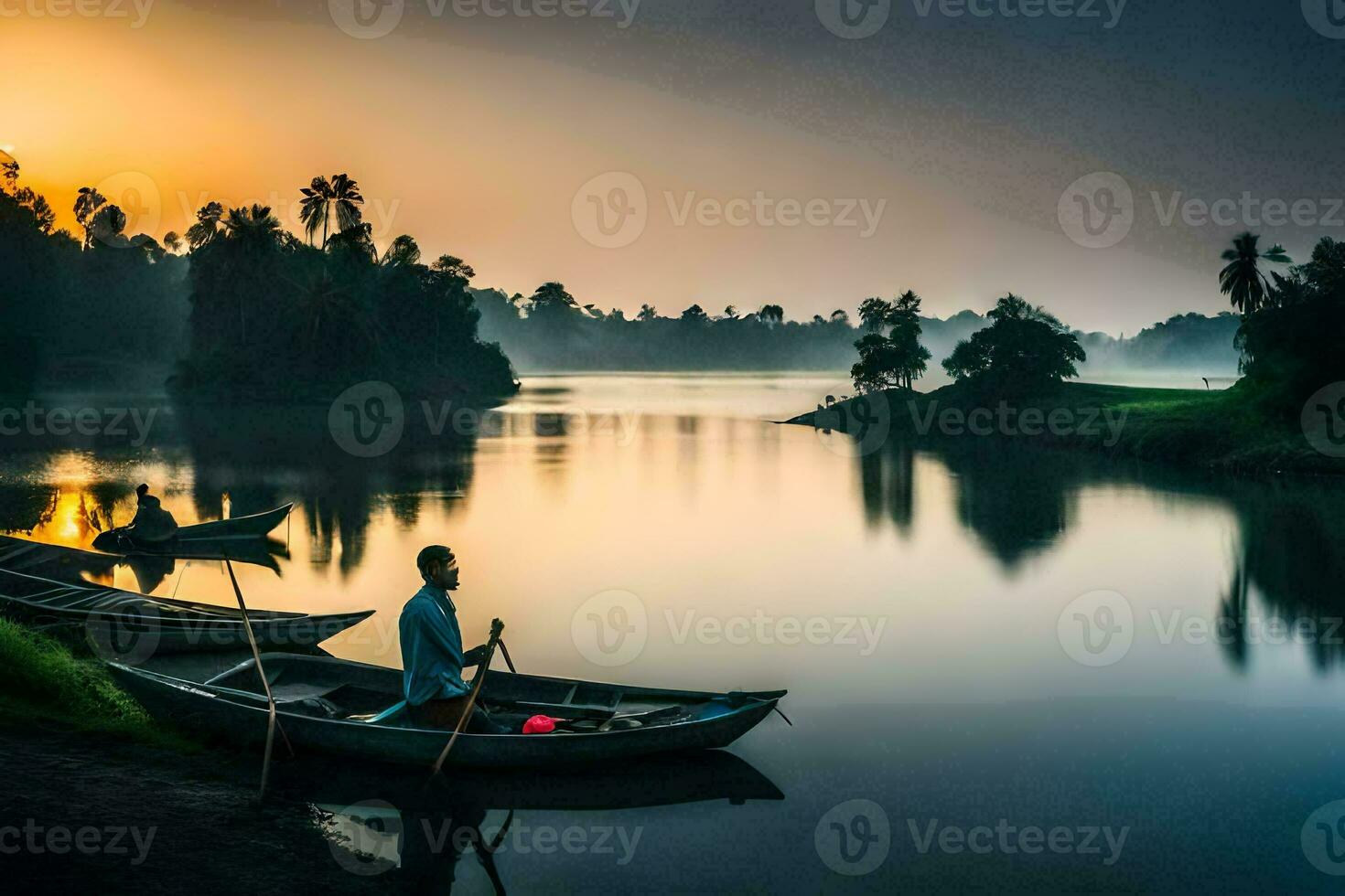 two people in a boat on a river at sunrise. AI-Generated photo