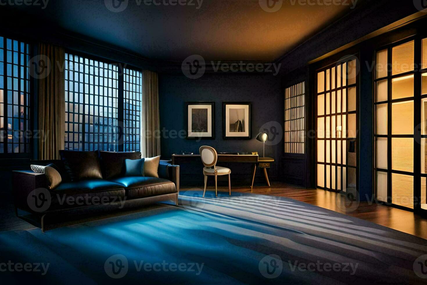 un habitación con un oscuro azul pared y un grande ventana. generado por ai foto