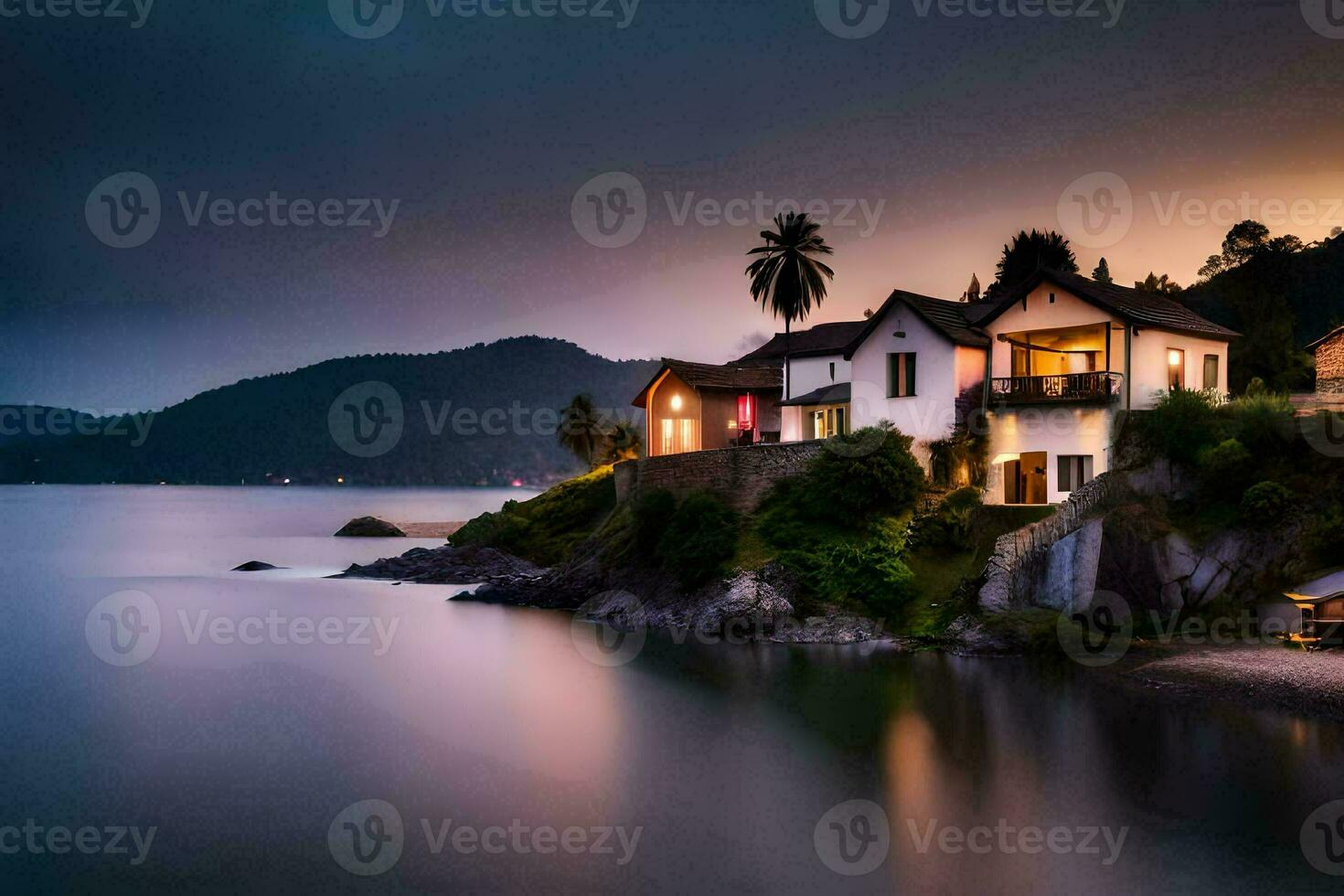 foto fondo de pantalla el cielo, agua, montañas, casa, el mar, lago, el casa,. generado por ai