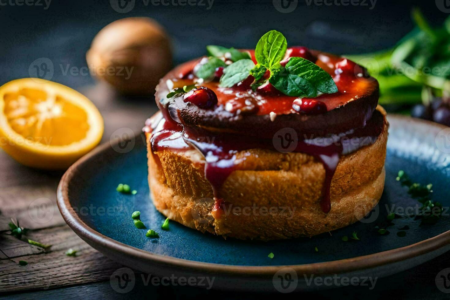 a cake with cranberry sauce and mint leaves on a plate. AI-Generated photo