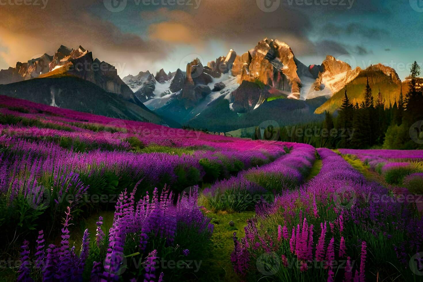 a beautiful purple field with mountains in the background. AI-Generated photo