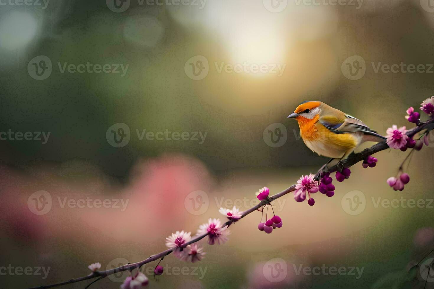 a bird sits on a branch with pink flowers. AI-Generated photo