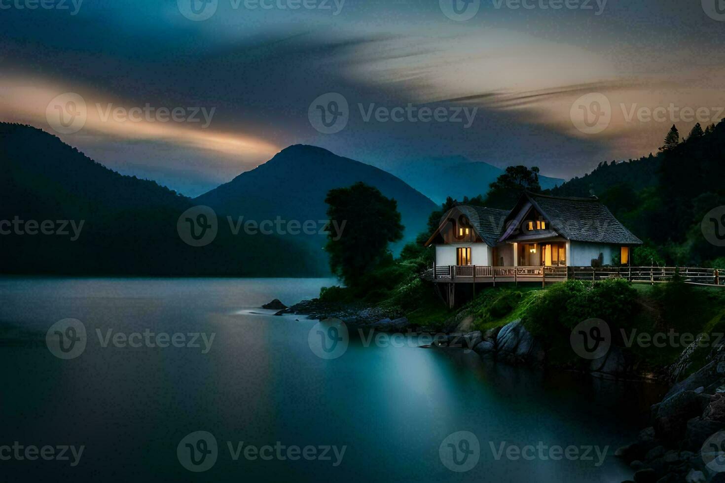 photo wallpaper the sky, mountains, lake, house, the house, the lake, the mountains. AI-Generated