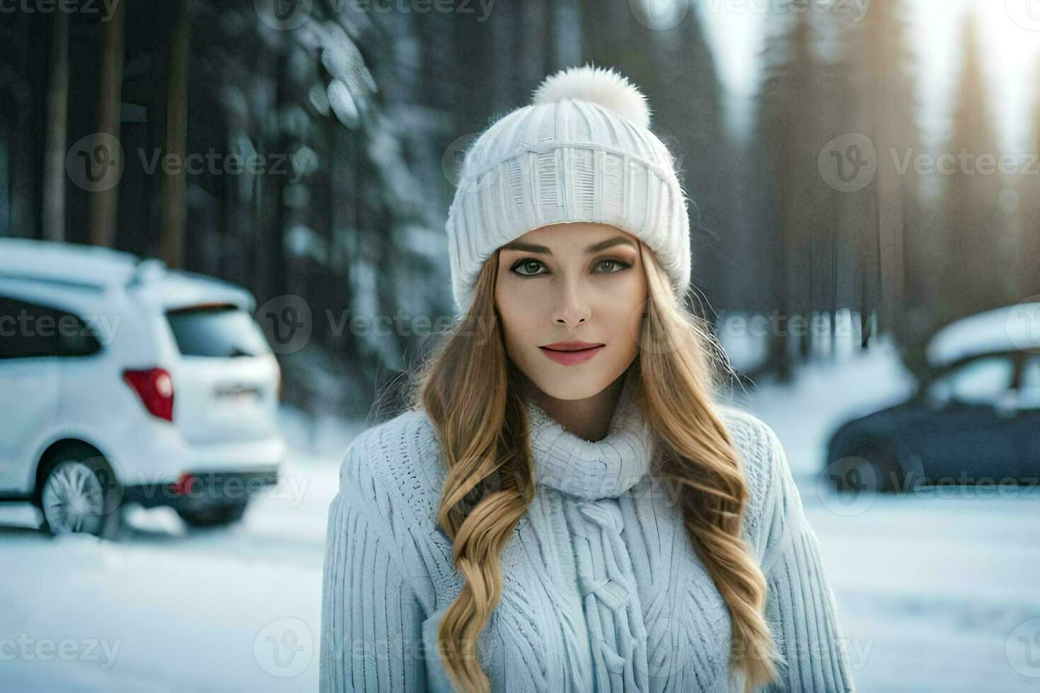 a woman in a winter hat and sweater standing in front of a car. AI-Generated photo