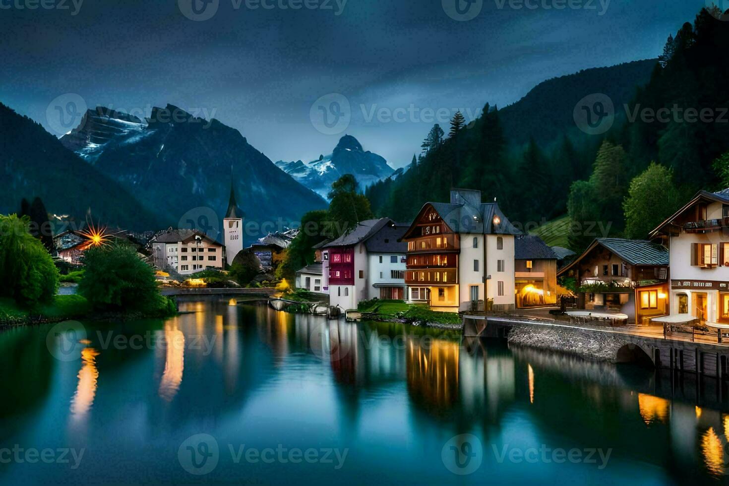 a river and houses in the mountains at night. AI-Generated photo