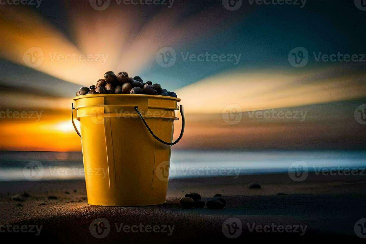 a bucket of nuts on the beach at sunset. AI-Generated photo