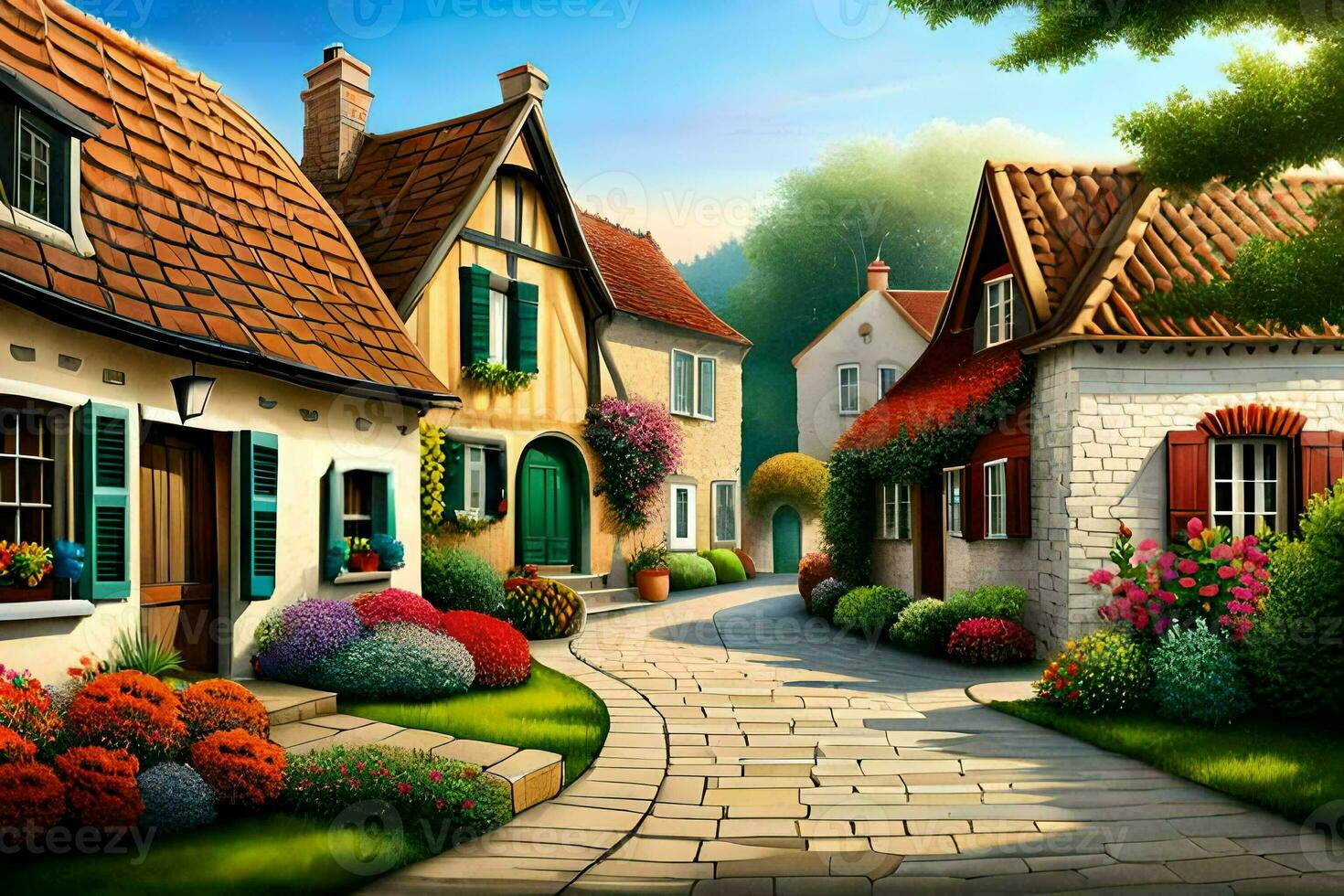 a painting of a street in a village. AI-Generated photo