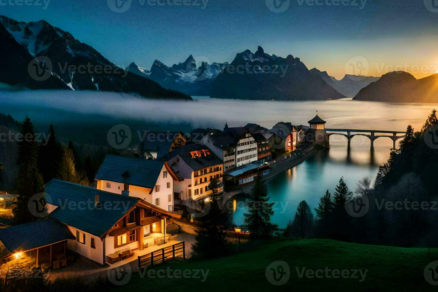 foto fondo de pantalla el cielo, montañas, niebla, lago, casa, casa, casa, casa,. generado por ai