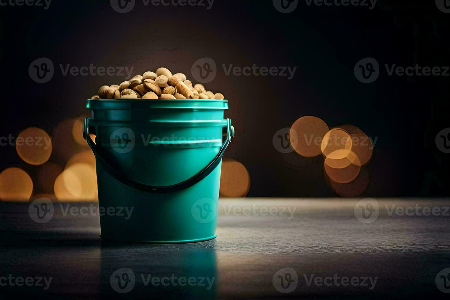 a bucket of peanuts on a table. AI-Generated photo