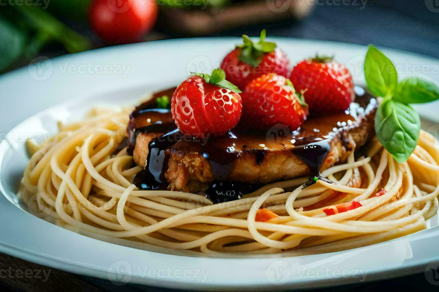 a plate of spaghetti with meat and strawberries. AI-Generated photo
