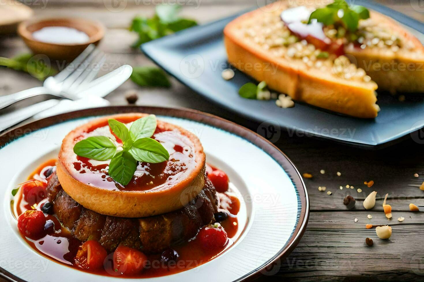 a plate with a dessert and bread on it. AI-Generated photo