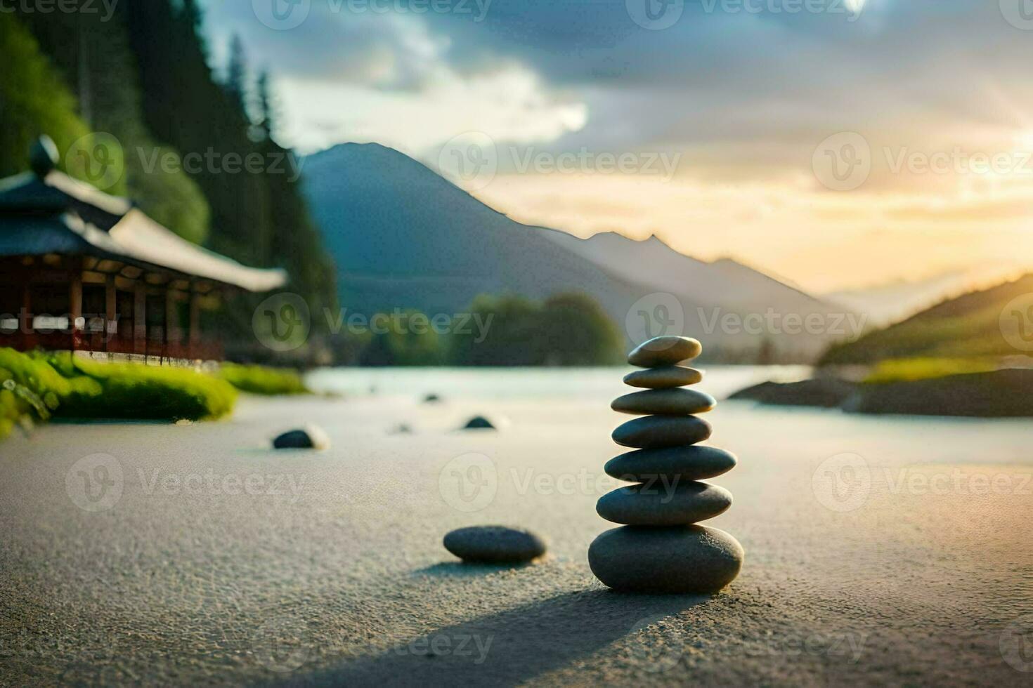 a stack of stones on the beach at sunset. AI-Generated photo