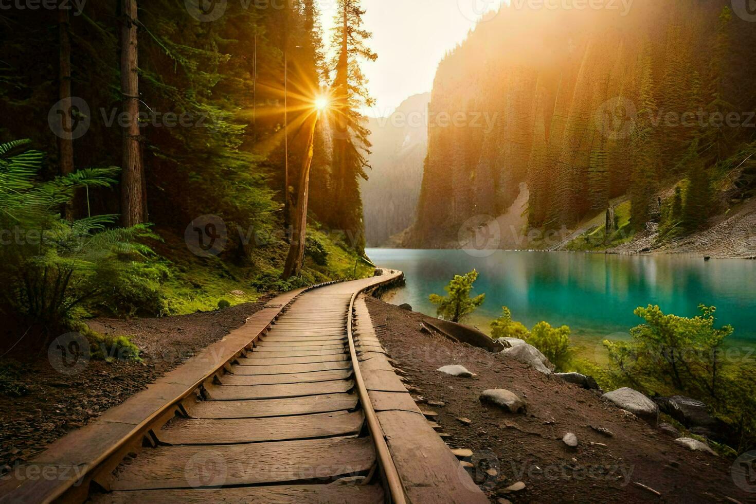 a wooden path leads to a lake in the mountains. AI-Generated photo