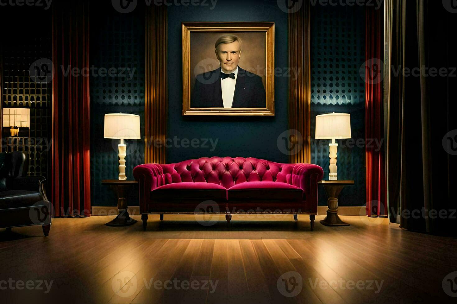 a room with a red couch and a portrait of a man. AI-Generated photo