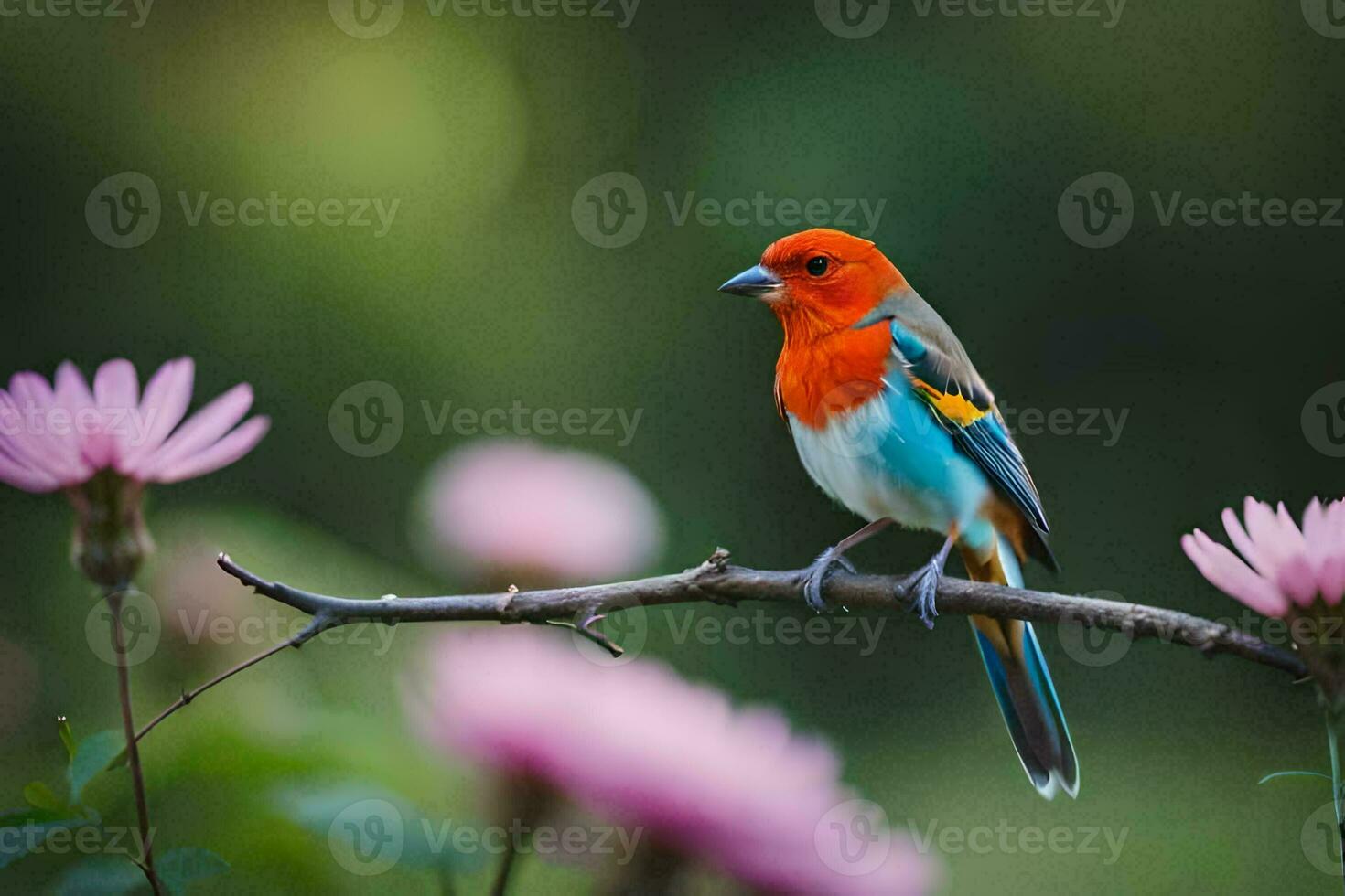 a colorful bird sits on a branch in front of pink flowers. AI-Generated photo