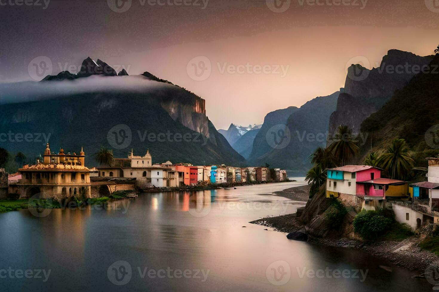 a river runs through a town in the mountains. AI-Generated photo