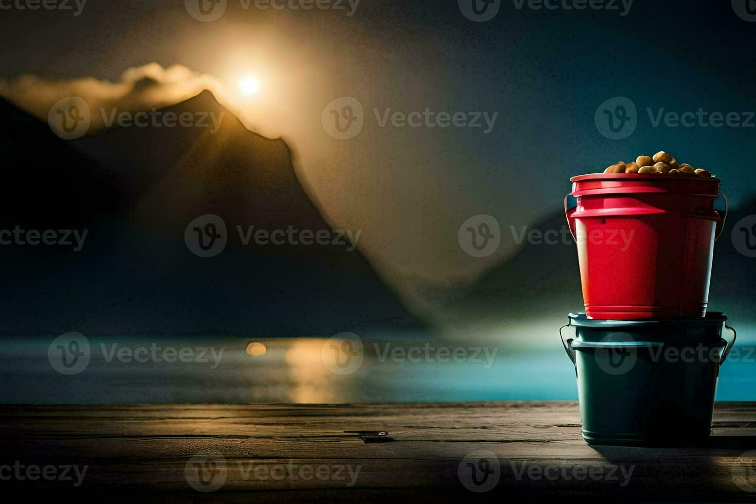 two buckets of nuts sit on a wooden table in front of a lake. AI-Generated photo