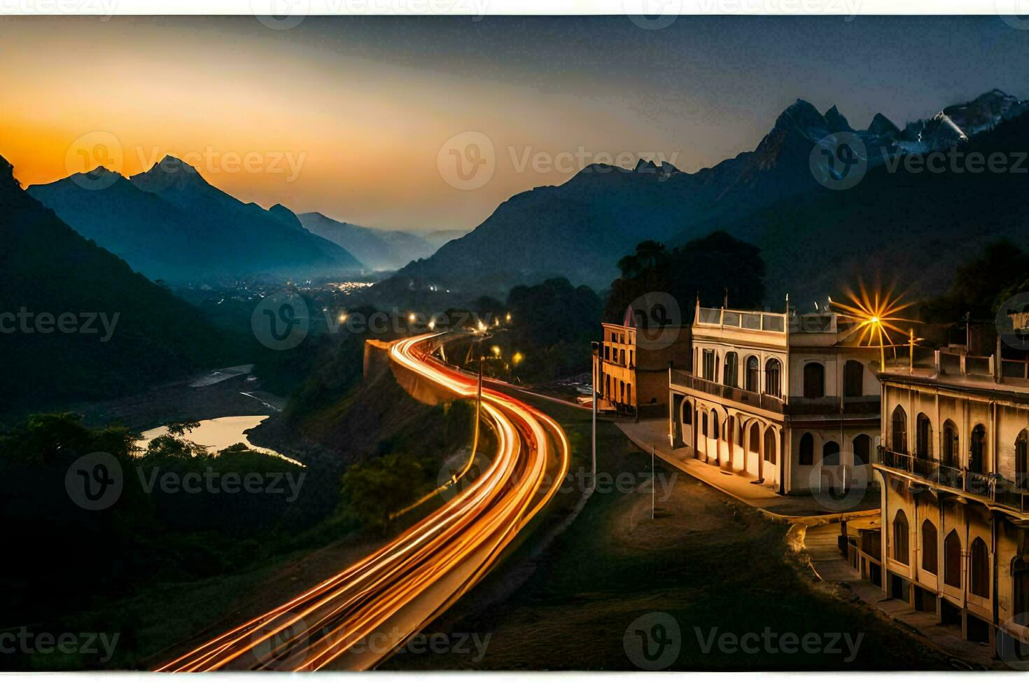 a long exposure photograph of a road and buildings in the mountains. AI-Generated photo