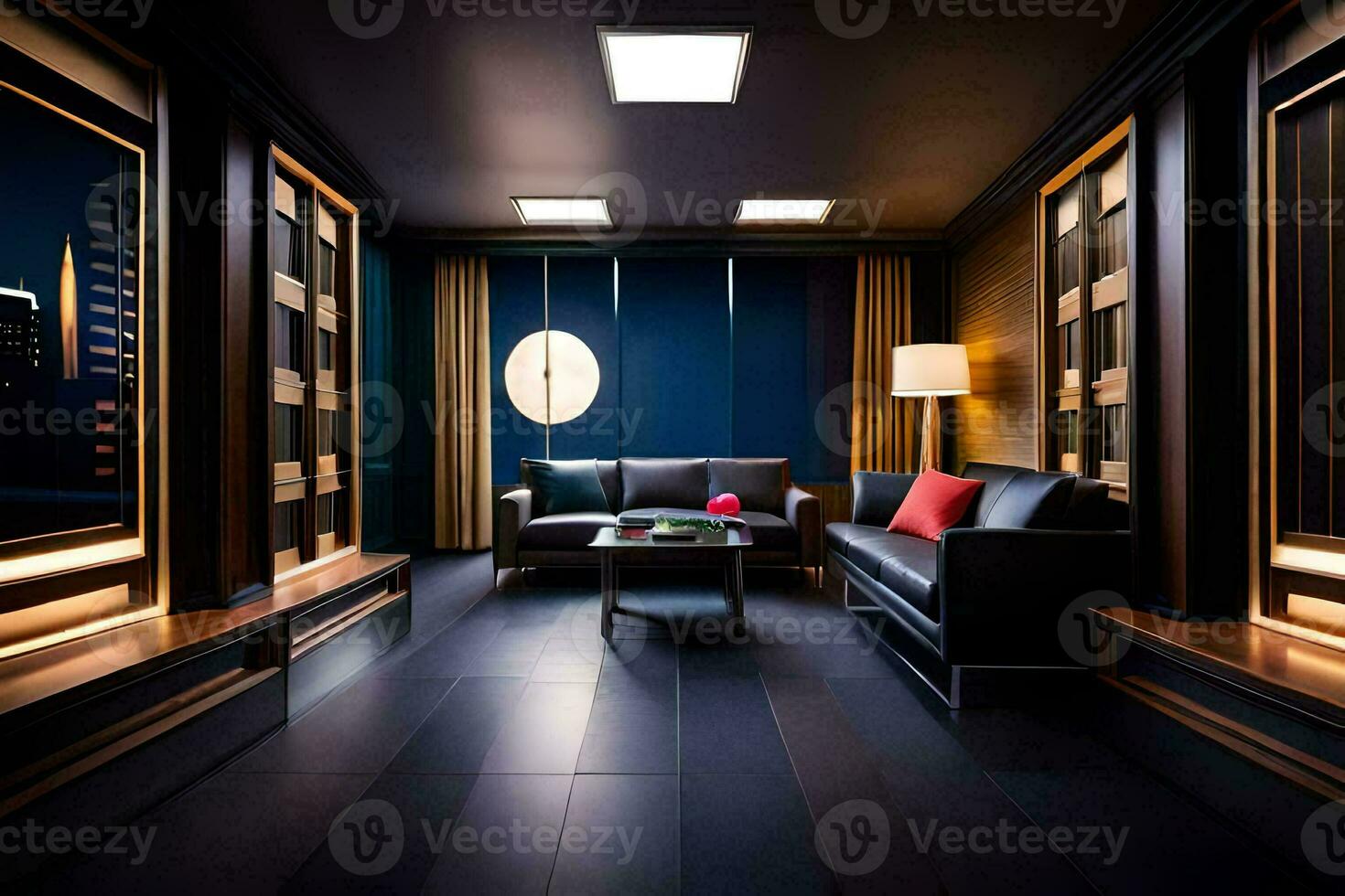 a dark room with black furniture and a large window. AI-Generated photo