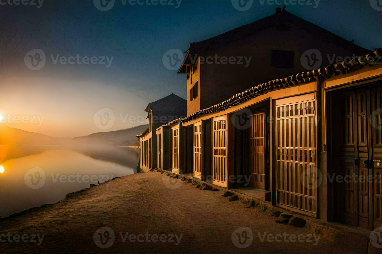 the sun rises over a lake and some wooden buildings. AI-Generated photo