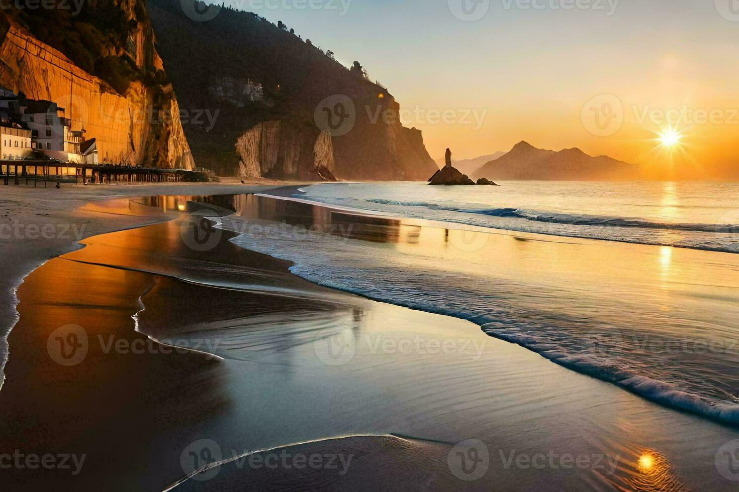 the sun sets over the ocean and beach. AI-Generated photo
