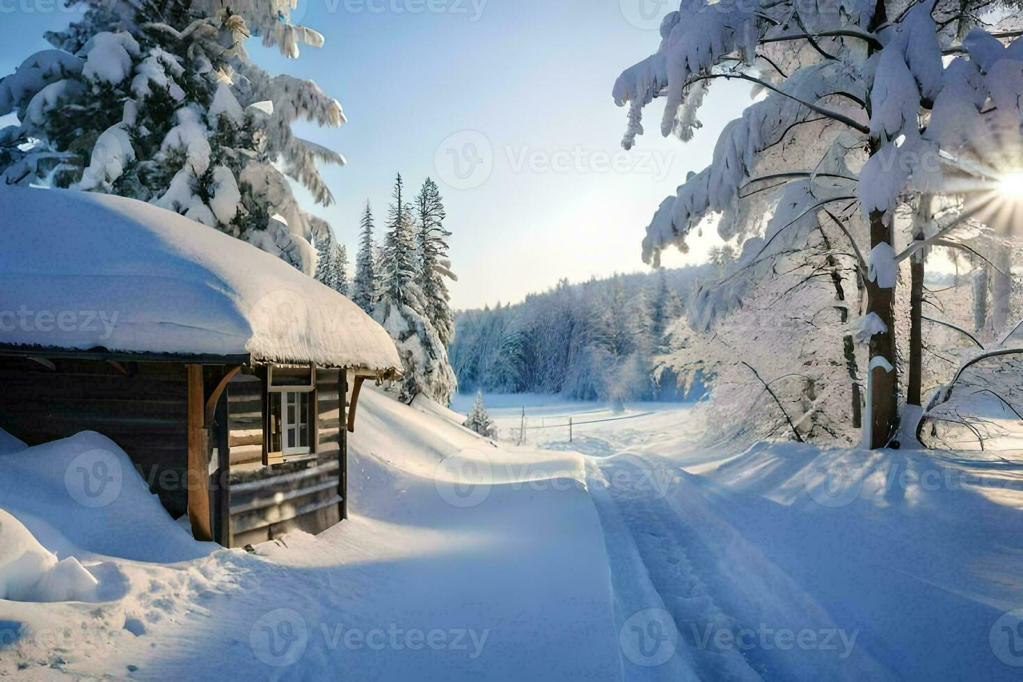 a cabin in the snow with trees and snow. AI-Generated photo