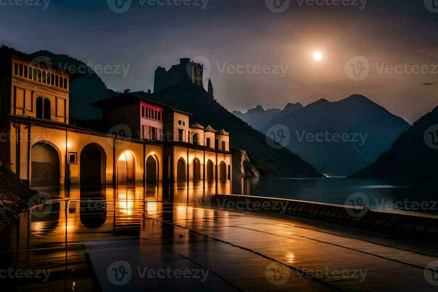 a lake and a building at night with the moon. AI-Generated photo