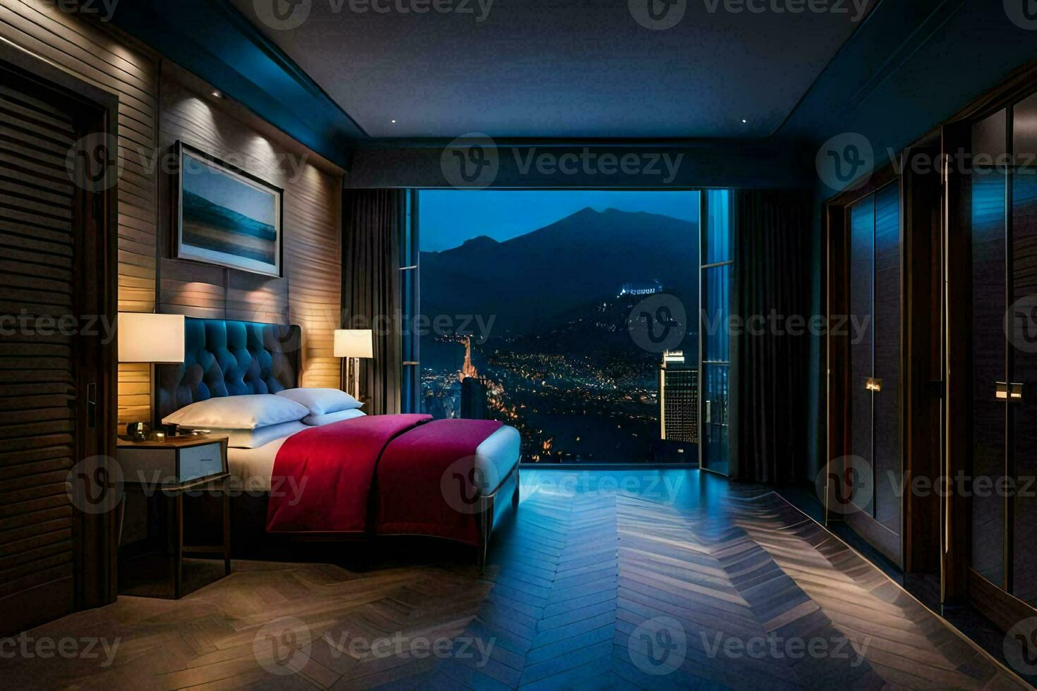 a bedroom with a view of the city at night. AI-Generated photo