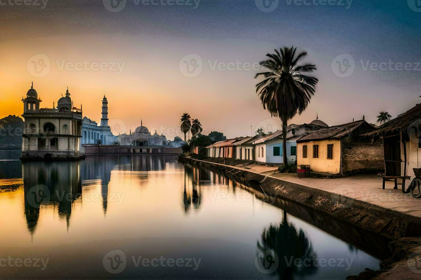 the sunset over the river in front of a mosque. AI-Generated photo