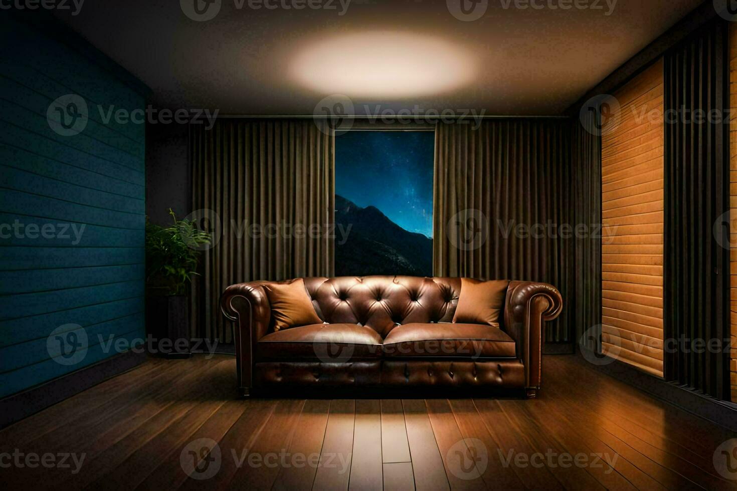 a leather couch in a dark room. AI-Generated photo