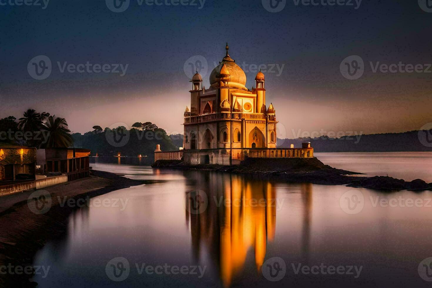 a beautiful temple sits on the shore of a lake. AI-Generated photo