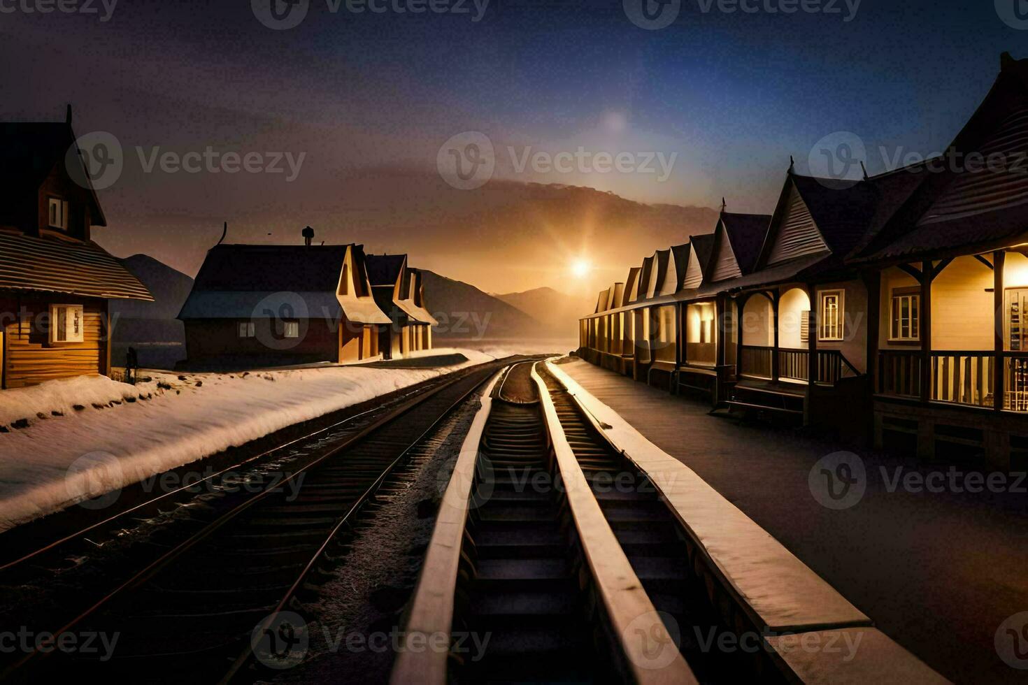 a train track leads to a train station at sunset. AI-Generated photo