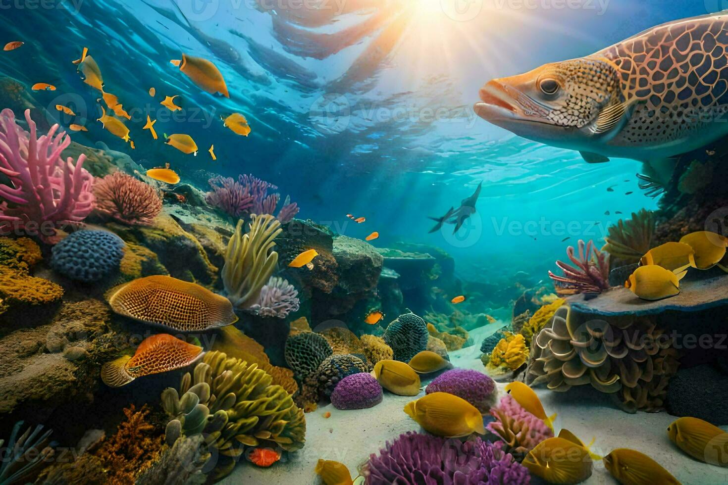 a fish swims in the ocean with colorful coral reefs. AI-Generated photo