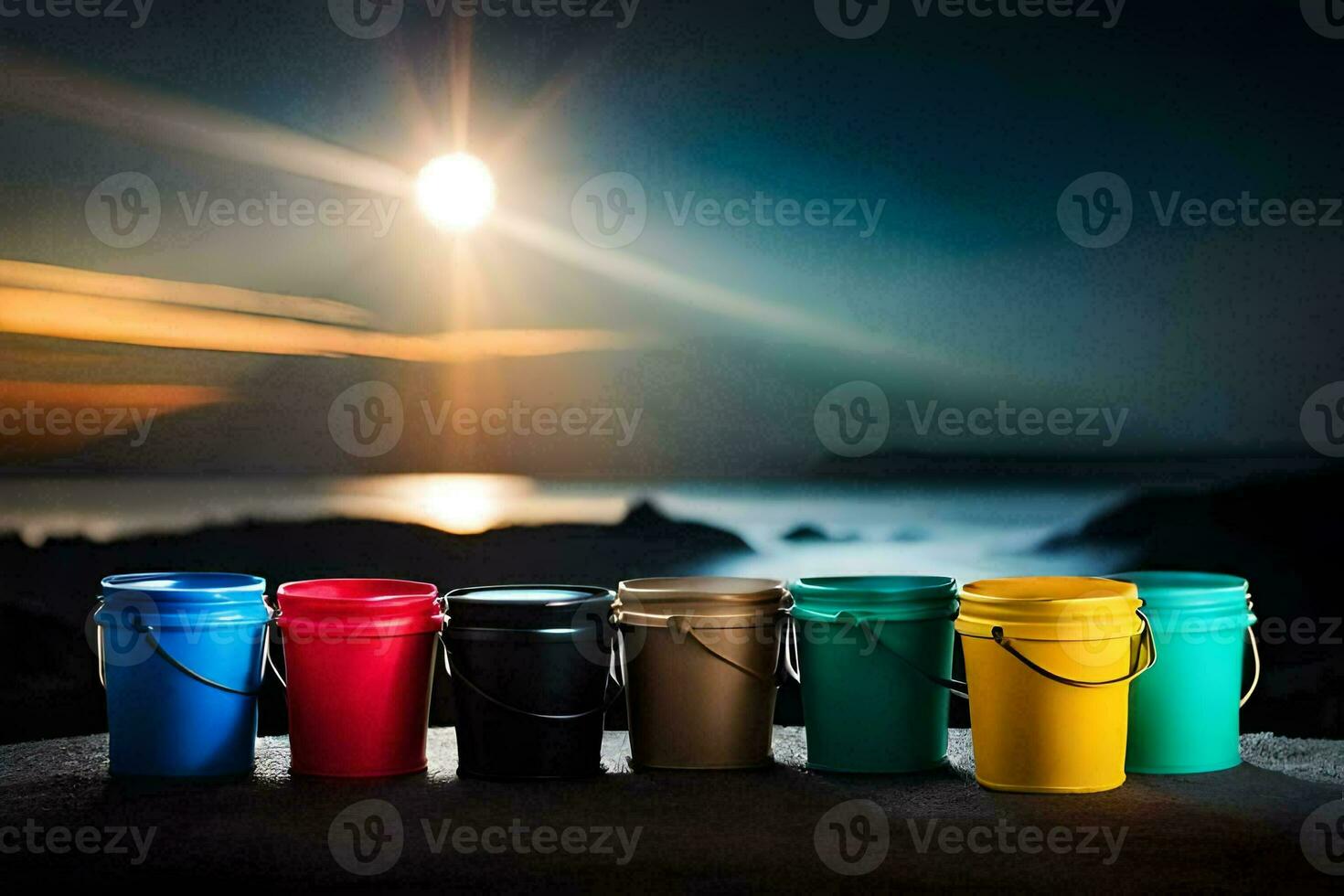 colorful buckets on a beach at sunset. AI-Generated photo