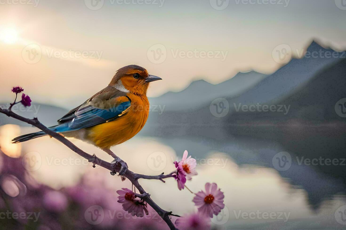 a bird sits on a branch near a lake. AI-Generated photo